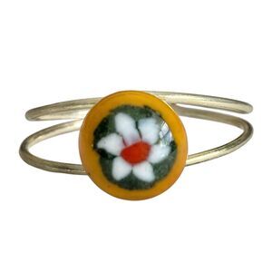 Vtg Murano Millefiori Art Glass Bead Ring Silver Plated Yellow Size 9 10 Italian